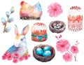 Watercolor easter collage. Hand drawn easter symbols isolated on white background. Rabbit, Easter cakes, eggs and more