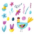 Watercolor Easter collection with eggs, hen, chicken, herbs and flowers Royalty Free Stock Photo