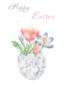 Watercolor easter composition with flowers, willow, egg.