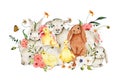 Watercolor Easter composition lamb, bunny, ducklings, chicken decorated with flowers