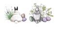 Watercolor Easter composition. rabbits, Easter eggs and flowers Royalty Free Stock Photo