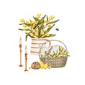 Watercolor Easter composition with vase mimosa flowers and lamb in basket Royalty Free Stock Photo