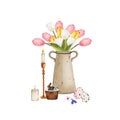 Watercolor Easter composition vase with tulip flowers bouquet, candles, eggs Royalty Free Stock Photo