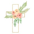 Watercolor Easter Cross Clipart, Spring Floral Arrangements, Baptism Crosses DIY Invitation, Greenery Easter clipart, Golden frame Royalty Free Stock Photo