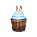 Watercolor Easter cupcake decorated with bunny ears