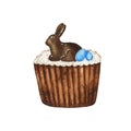 Watercolor Easter cupcake decorated with chocolate bunny and eggs