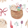 Watercolor Easter Egg Bunny Patterns Floral Leaves Buds Arrangement
