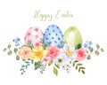 Watercolor Easter egg wreath. Colored pastel eggs and pretty spring flowers arrangement. Holiday decor. Greeting card design Royalty Free Stock Photo