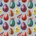 Watercolor easter eggs and feather pattern. Hand painted colored eggs with decor isolated on blue background. Holiday Royalty Free Stock Photo