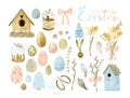 Watercolor Easter eggs, lettering, birdhouses and flower elements set Royalty Free Stock Photo