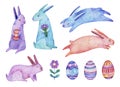 Watercolor Easter elements: Easter bunnies, eggs, flower. Hand painted illustration isolated on white background. Royalty Free Stock Photo