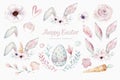 Watercolor Easter elements, Spring blossom, branch, Easter eggs, colorful eggs, bunny and bannies ears. rabbit