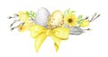 Watercolor Easter floral bouquet with eggs, bow isolated yellow gray illustration on white background. Hand painted Royalty Free Stock Photo