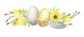 Watercolor Easter floral bouquet with eggs isolated yellow gray illustration on white background. Hand painted cartoon Royalty Free Stock Photo