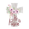 Watercolor Easter floral wooden cross clipart on a white background with an inscription He is Risen