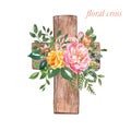 Watercolor Easter flower cross illustration. Rustic wooden cross wreath and beautiful pink flowers with green leaves for Easter