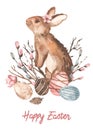 Watercolor easter greeting card with easter bunny, twigs, willows, easter eggs, feather. Happy easter Royalty Free Stock Photo