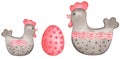 Watercolor Easter grey chicken, pink egg, bow and hearts