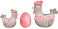 Watercolor Easter grey chicken, pink egg, bow and hearts