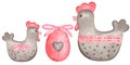 Watercolor Easter grey chicken, pink egg, bow and hearts