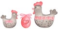 Watercolor Easter grey chicken, pink egg, bow and hearts