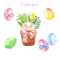 Watercolor Easter hunt poster with adorable curious bunny flower pot and colored eggs, isolated Royalty Free Stock Photo