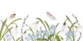 Watercolor easter illustration of bouquet of snowdrops, branches of pussy-willow, forget-me-nots, feathers, horizontal