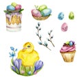 Watercolor easter illustrations set :easterbread, easter eggs, easter chicken, easter muffin