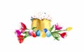 Watercolor easter kulich cake with tulip and eggs isolated on white background