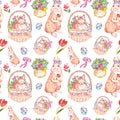 Watercolor Easter pattern with cute bunnies, easter basket and spring flowers on white background.