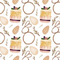 Watercolor pattern, Easter cake, eggs, willow twigs, rabbit on white background. For various products, wrapping, etc. Royalty Free Stock Photo
