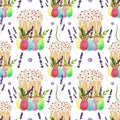 Watercolor Easter pattern, with Easter cake decorated by lavender, bright eggs on a white background.