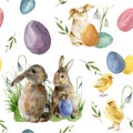 Watercolor easter pattern with rabbit and chick. Holiday ornament with bunny, bird, colored eggs and snowdrops isolated