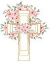 Watercolor Easter Pink flowers Cross Clipart, Golden frame, Delicate Peony Florals arrangement, Hand painted Pink Baptism Crosses Royalty Free Stock Photo