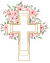 Watercolor Easter Pink flowers Cross Clipart, Golden frame, Delicate Peony Florals arrangement, Hand painted Pink Baptism Crosses