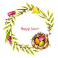 Watercolor easter postcard. Hand drawn illustration is isolated on white. Painted eggs in the nest with flowers are perfect for Royalty Free Stock Photo