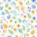 Watercolor Easter seamless pattern with eggs, butterflies, narcissus, muscari. Vector EPS. Royalty Free Stock Photo