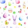 Watercolor Easter seamless pattern with eggs, easter bunny, rabbit, easter cake