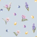 Watercolor Easter seamless pattern. Hand painted holiday wallpaper design with colored eggs and spring flowers on blue Royalty Free Stock Photo