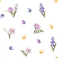 Watercolor Easter seamless pattern. Hand painted holiday wallpaper design with colored eggs and spring flowers on white Royalty Free Stock Photo