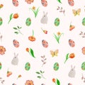 Watercolor Easter seamless pattern with eggs, rabbits, spring flowers on pastel background. Vector EPS. Royalty Free Stock Photo
