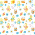 Watercolor Easter seamless pattern. Spring flowers, eggs, Eastercake. Royalty Free Stock Photo