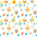 Watercolor Easter seamless pattern. Spring flowers, eggs, Eastercake.