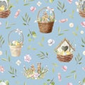 Watercolor Easter seamless pattern with birdhouse and baby chickens