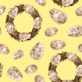 Watercolor Easter seamless pattern with wreath and quail eggs. Hand drawn small speckled dotted eggs with bare branches