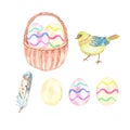 Watercolor Easter set with assorted colorful eggs, cute yellow chick bird, feather and easter basket. Royalty Free Stock Photo