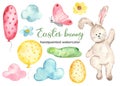 Watercolor Easter set with bunny, eggs, clouds, balloons