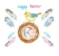 Watercolor Easter set with chick bird, nest with colored eggs and assorted feathers. Royalty Free Stock Photo
