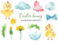 Watercolor Easter Set With Chickens, Flowers, Clouds, Butterfly