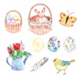 Watercolor easter set with hand painted symbols - cute rabbit in basket, eggs, chicken, spring seasonal flowers bouquet. Royalty Free Stock Photo